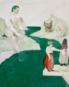 Image shows a painting that depiccst a naked man on the bank of a river looking at across at two female figures