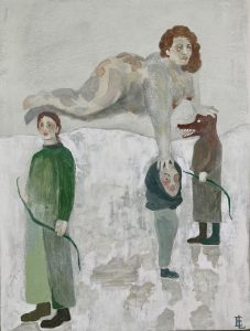 Image of a painting that depits a naked woman lying down with one arm resching out to a standing figure