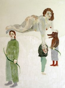 A painting featuring a reclining nude figure, a woman in agreend dress and a mythical half man half beast figure