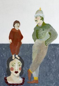 A painting featrung a man standing next to a shorter woman who is standing on the head of another woman