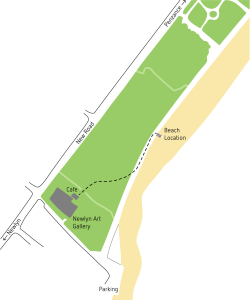 Image shows a drawn locationmap of Newlyn Art Gallery and the beach