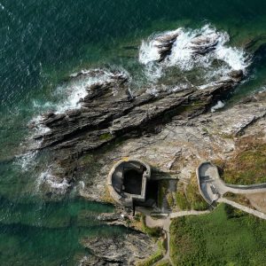 Image shows aearial view of the Cornwall coastline