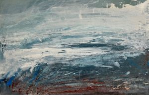 Image shows a blue and white abstract painting