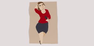 Image shows a collage figure of woman wearing a dark skirt and red top