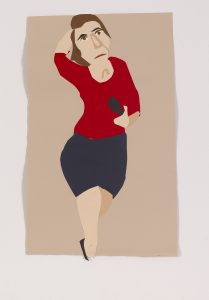 Image shows a collage figure of woman wearing a dark skirt and red top