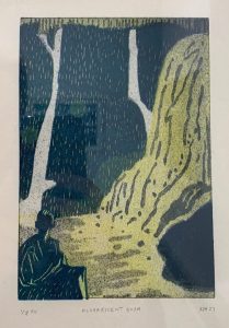 print of figure in textured landscape