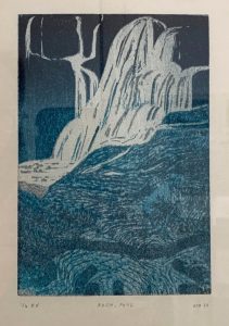white and blue print of waterfall and pool