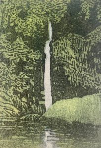 print of waterfall and pool in green foliage