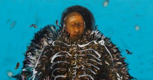 Image shows a painting of a man underwater with his skeleton showing
