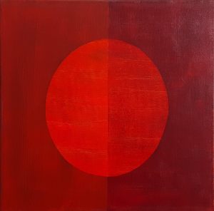 Red and burgundy painting of eclipse
