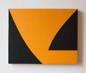 Image shows orange and dark brown painting by Ricahrd Bell