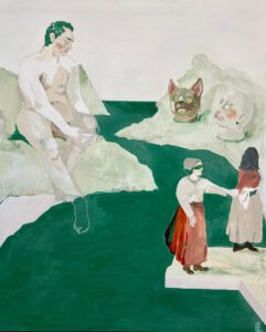 Image shows a painting that depiccst a naked man on the bank of a river looking at across at two female figures