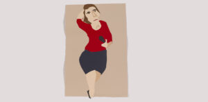 Image shows a collage figure of woman wearing a dark skirt and red top