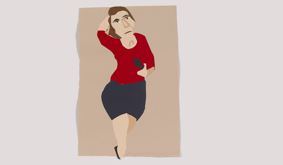 Image shows a collage figure of woman wearing a dark skirt and red top