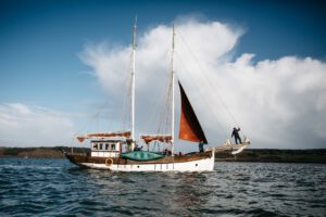 Image shows a white sailing boat at sea