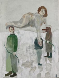 Image of a painting that depits a naked woman lying down with one arm resching out to a standing figure