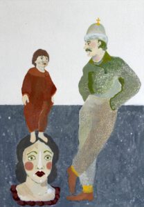 A painting featrung a man standing next to a shorter woman who is standing on the head of another woman