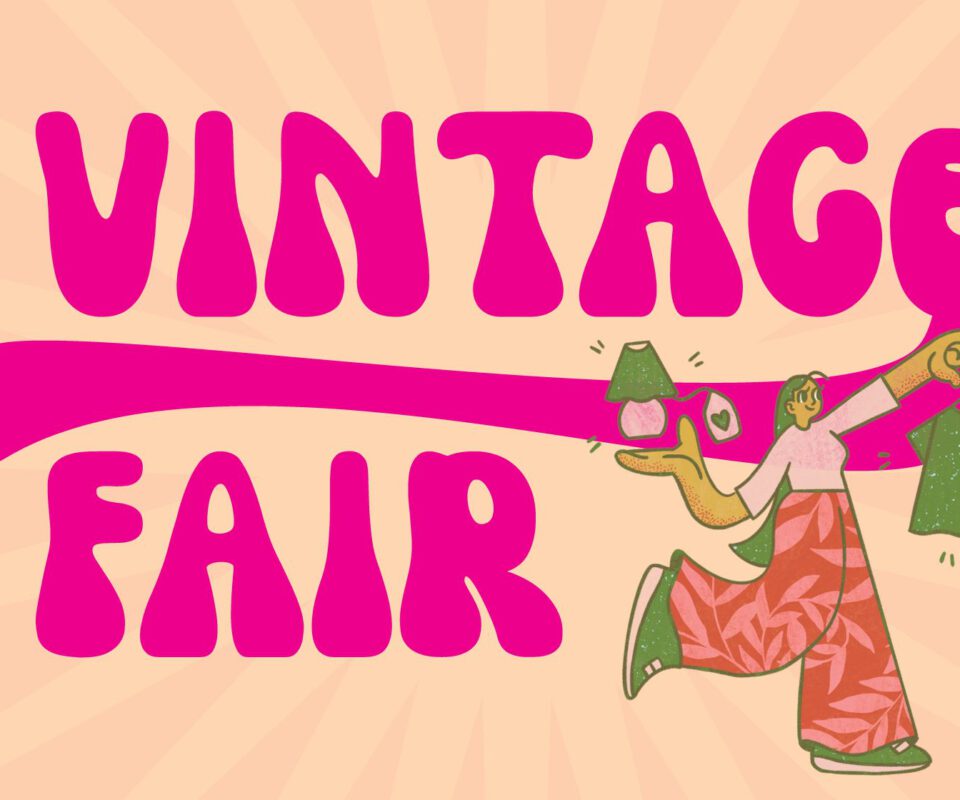 Image shows pink writing, Vintage Fair, with cartoon woman holding an item for sale