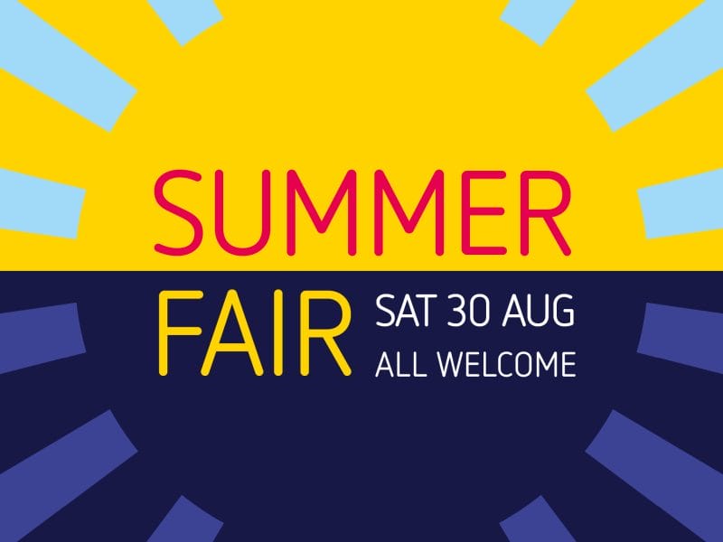 Bright graphic with a half yellow sun above and a half dark blue sun below. Text reads: SUMMER FAIR Sat 30 Aug All Welcome. Bold yellow, blue, and red colours celebrate the vibrant summer fair in Newlyn.