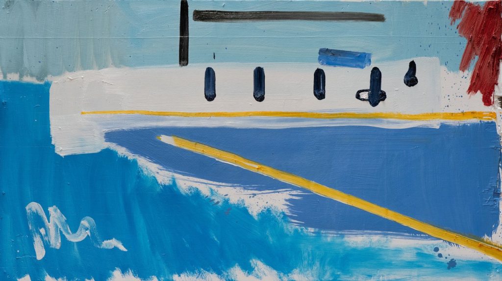 Abstract painting of a white and blue boat on water, with yellow and black lines and splashes of red on the right. The style is loose and expressive, using bold brushstrokes and minimal detail.