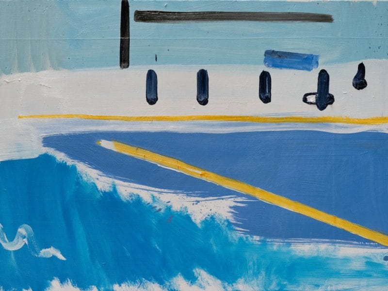 Abstract painting of a white and blue boat on water, with yellow and black lines and splashes of red on the right. The style is loose and expressive, using bold brushstrokes and minimal detail.