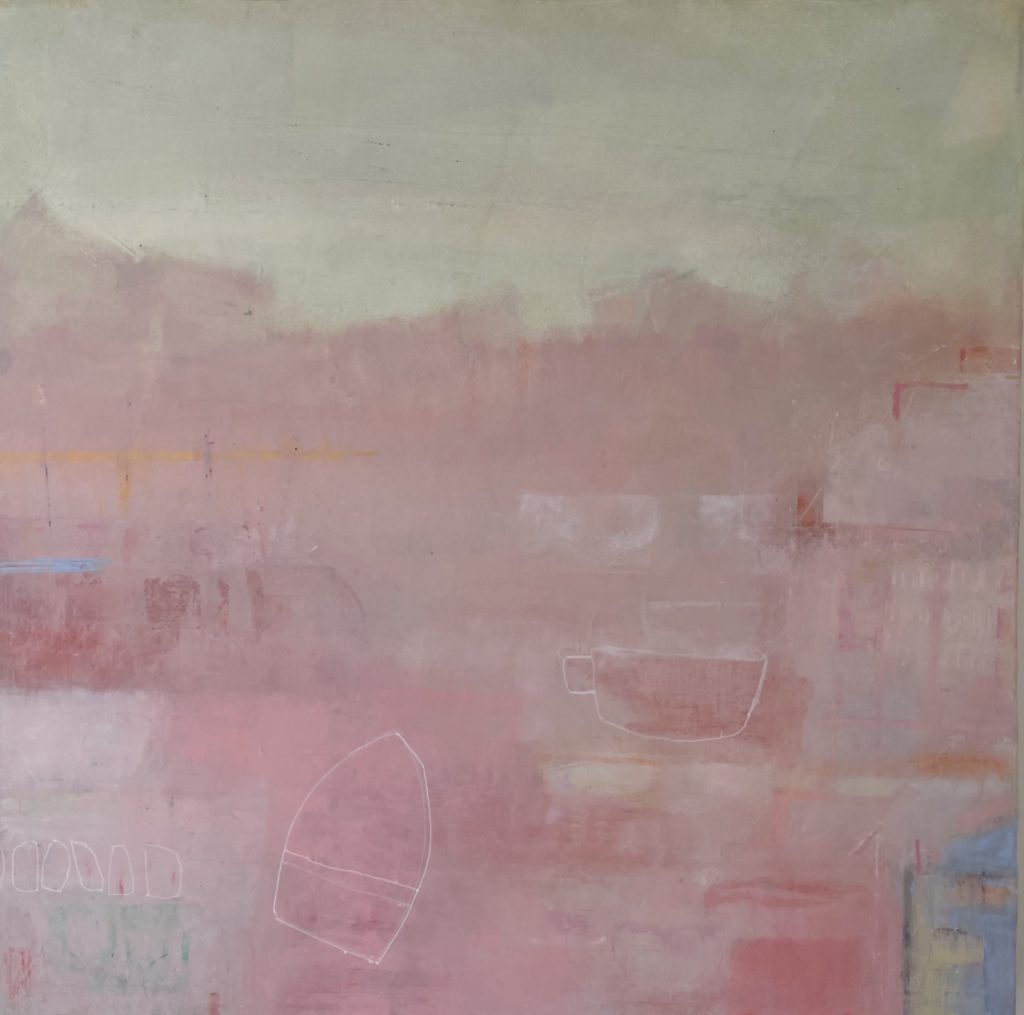 Amanda Blunden's "Are We There Yet?" is an abstract painting with soft, muted pinks, greens, and beige tones. Hazy and dreamlike, it features faint outlines of a cup and boat amid layered textures.