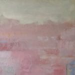 Amanda Blunden's "Are We There Yet?" is an abstract painting with soft, muted pinks, greens, and beige tones. Hazy and dreamlike, it features faint outlines of a cup and boat amid layered textures.