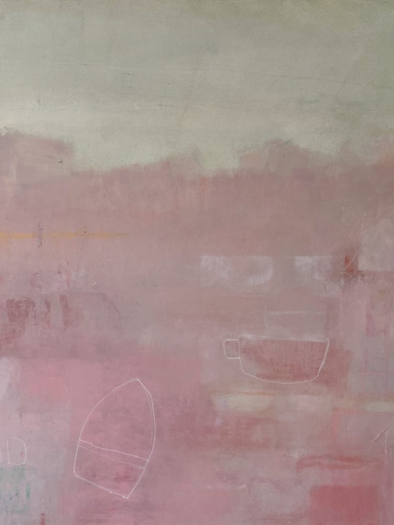 Amanda Blunden's "Are We There Yet?" is an abstract painting with soft, muted pinks, greens, and beige tones. Hazy and dreamlike, it features faint outlines of a cup and boat amid layered textures.