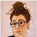 A painted portrait of Beth Kaye from features her with brown hair in a loose bun, round glasses, and a black top, resting her chin on her hand whilst looking forward with a neutral expression.