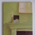 Beth Kaye - Quieten: A painting of a mantelpiece with a lit pink candle in brass, fruit in an alcove, and a framed picture above, all depicted in soft green and beige tones with delicate shadows.