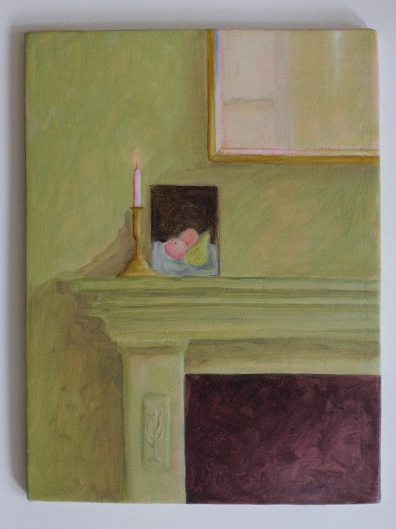 Beth Kaye - Quieten: A painting of a mantelpiece with a lit pink candle in brass, fruit in an alcove, and a framed picture above, all depicted in soft green and beige tones with delicate shadows.