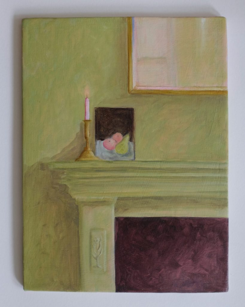 Beth Kaye - Quieten: A painting of a mantelpiece with a lit pink candle in brass, fruit in an alcove, and a framed picture above, all depicted in soft green and beige tones with delicate shadows.