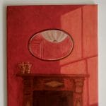 Just US by Beth Kaye is a painting of a red room featuring a fireplace with decorative moulding, two vases on the mantelpiece, and a round mirror reflecting light and window shadows.