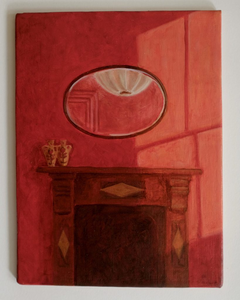 Just US by Beth Kaye is a painting of a red room featuring a fireplace with decorative moulding, two vases on the mantelpiece, and a round mirror reflecting light and window shadows.