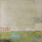 Echoes of a Journey" by Amanda Blunden features a soft green, cream, and blue palette with vertical red-orange lines on the left, contrasting geometric shapes and textures across a serene, hazy background.