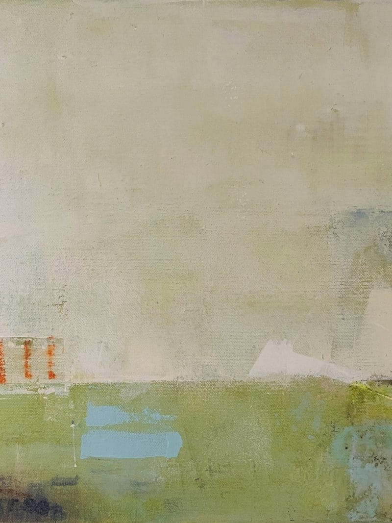 Echoes of a Journey" by Amanda Blunden features a soft green, cream, and blue palette with vertical red-orange lines on the left, contrasting geometric shapes and textures across a serene, hazy background.