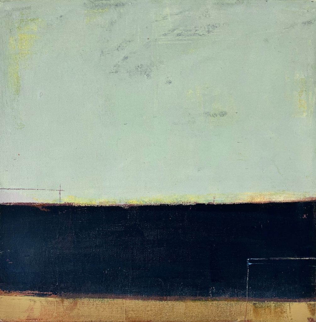 Evening Stretch by Amanda Blunden is a minimalist abstract painting with three horizontal sections: a large pale off-white upper area, a dark blue-black middle band, and a thin muted ochre strip at the bottom, all with textured detail.