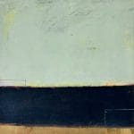 Evening Stretch by Amanda Blunden is a minimalist abstract painting with three horizontal sections: a large pale off-white upper area, a dark blue-black middle band, and a thin muted ochre strip at the bottom, all with textured detail.