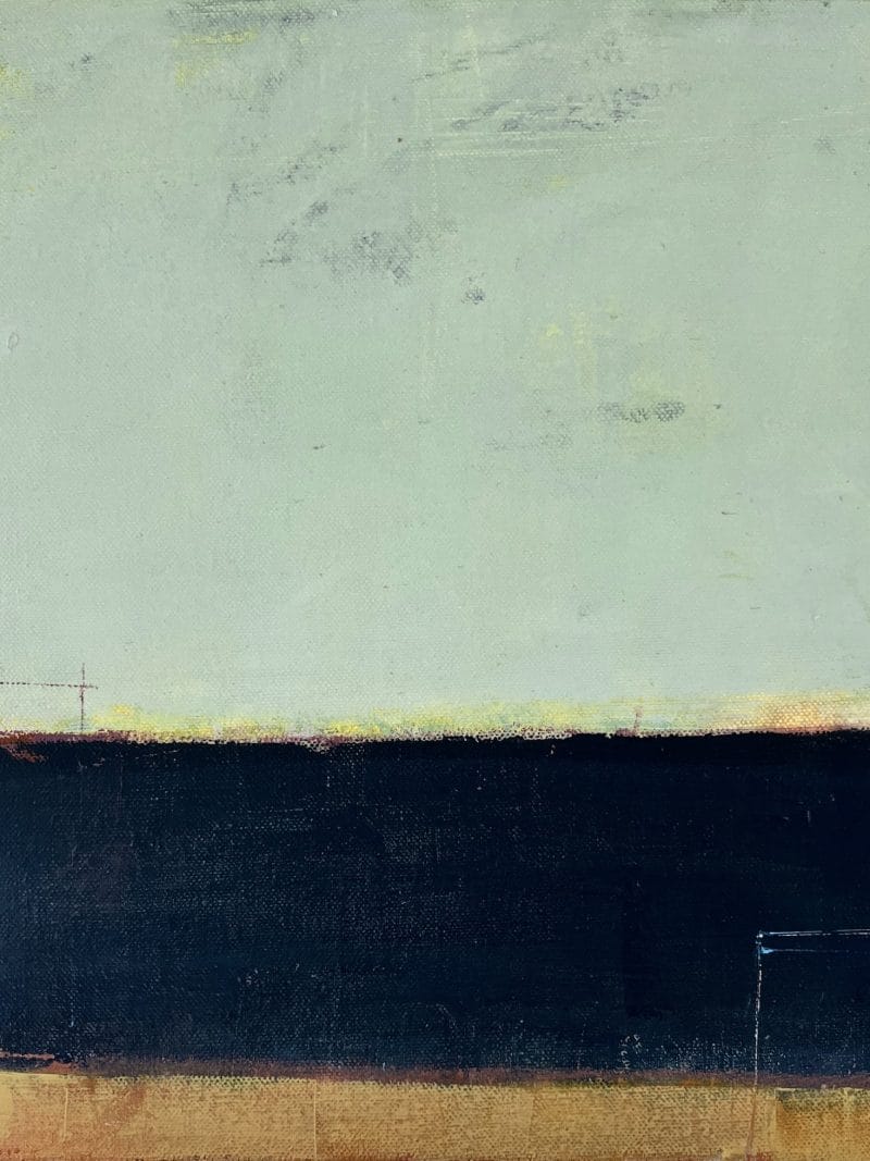 Evening Stretch by Amanda Blunden is a minimalist abstract painting with three horizontal sections: a large pale off-white upper area, a dark blue-black middle band, and a thin muted ochre strip at the bottom, all with textured detail.