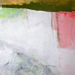 Picnic at Logan Rock painting by Amanda Blunden features a textured white background, green accents at the top, a bold red area on the right, and subtle swirling lines with soft grey shapes in the lower half.