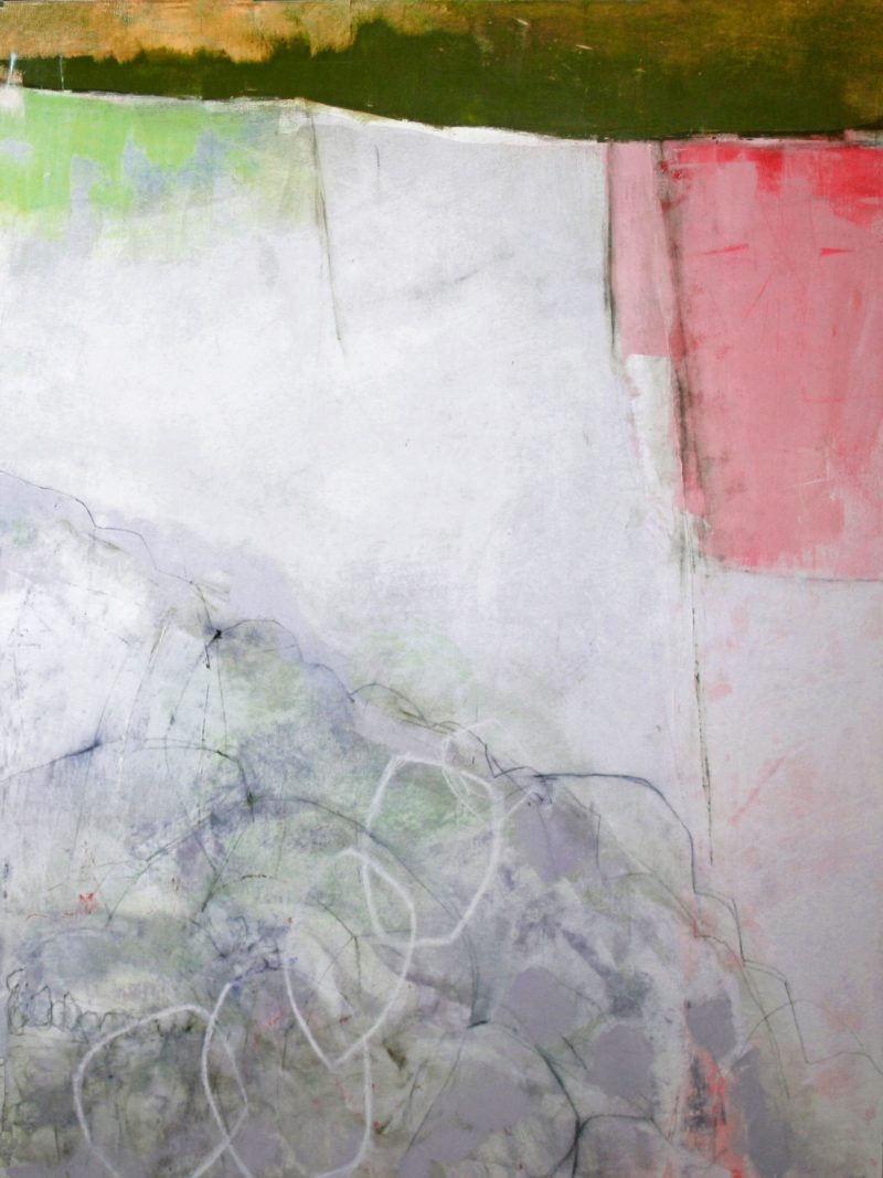 Picnic at Logan Rock painting by Amanda Blunden features a textured white background, green accents at the top, a bold red area on the right, and subtle swirling lines with soft grey shapes in the lower half.