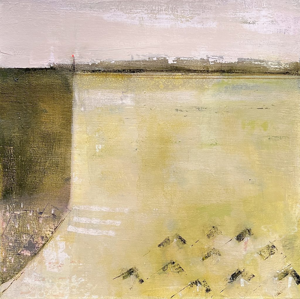 Amanda Blunden's "Rain Softened" is a minimalist landscape with a hazy yellow field, dark green hedge left, distant treeline on the horizon, abstract foreground marks, and a muted sky.