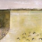 Amanda Blunden's "Rain Softened" is a minimalist landscape with a hazy yellow field, dark green hedge left, distant treeline on the horizon, abstract foreground marks, and a muted sky.