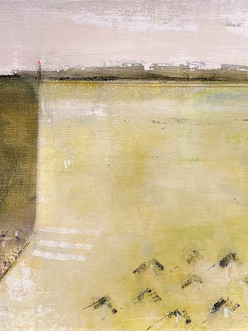 Amanda Blunden's "Rain Softened" is a minimalist landscape with a hazy yellow field, dark green hedge left, distant treeline on the horizon, abstract foreground marks, and a muted sky.