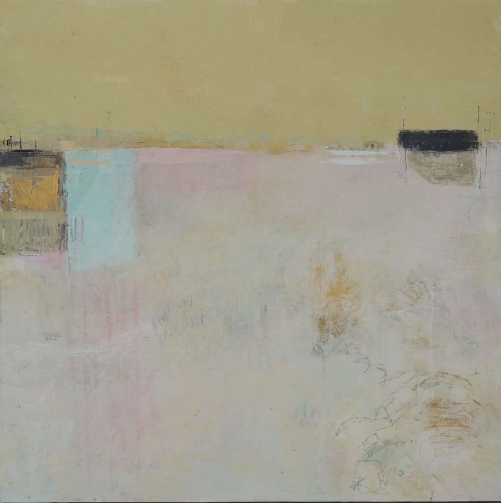 Amanda Blunden - The Sky Tells a Story is an abstract painting with textured brushstrokes in beige, pale pink, and soft blue tones, featuring two small dark rectangles near the top for an airy, serene effect.