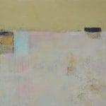 Amanda Blunden - The Sky Tells a Story is an abstract painting with textured brushstrokes in beige, pale pink, and soft blue tones, featuring two small dark rectangles near the top for an airy, serene effect.