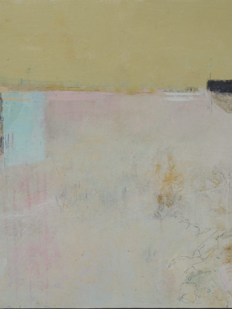 Amanda Blunden - The Sky Tells a Story is an abstract painting with textured brushstrokes in beige, pale pink, and soft blue tones, featuring two small dark rectangles near the top for an airy, serene effect.