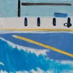 Nick Ivins - International Summertime is an abstract painting of a boat on blue water, featuring bold white, blue, yellow, and black shapes with a touch of red in the top right. Expressive broad brushstrokes add vibrancy.