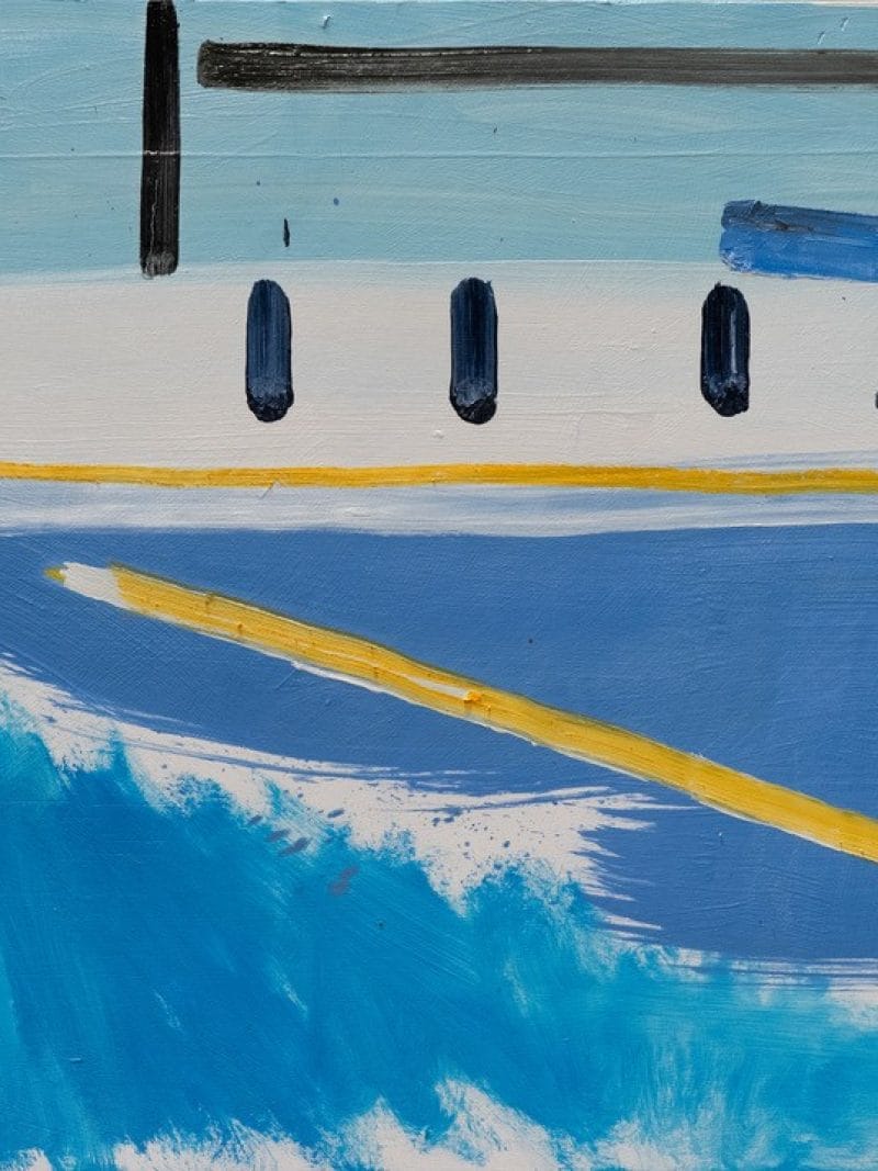 Nick Ivins - International Summertime is an abstract painting of a boat on blue water, featuring bold white, blue, yellow, and black shapes with a touch of red in the top right. Expressive broad brushstrokes add vibrancy.