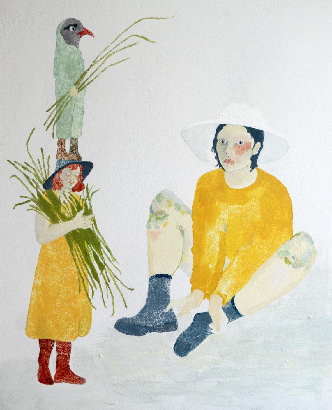 A paintng featuring two figres dressed in yellow, with a third figure perched on the head of one of them